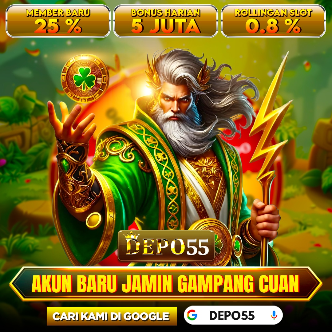 Banner DEPO55 2: maskot dengan kartu merah dan tampilan game